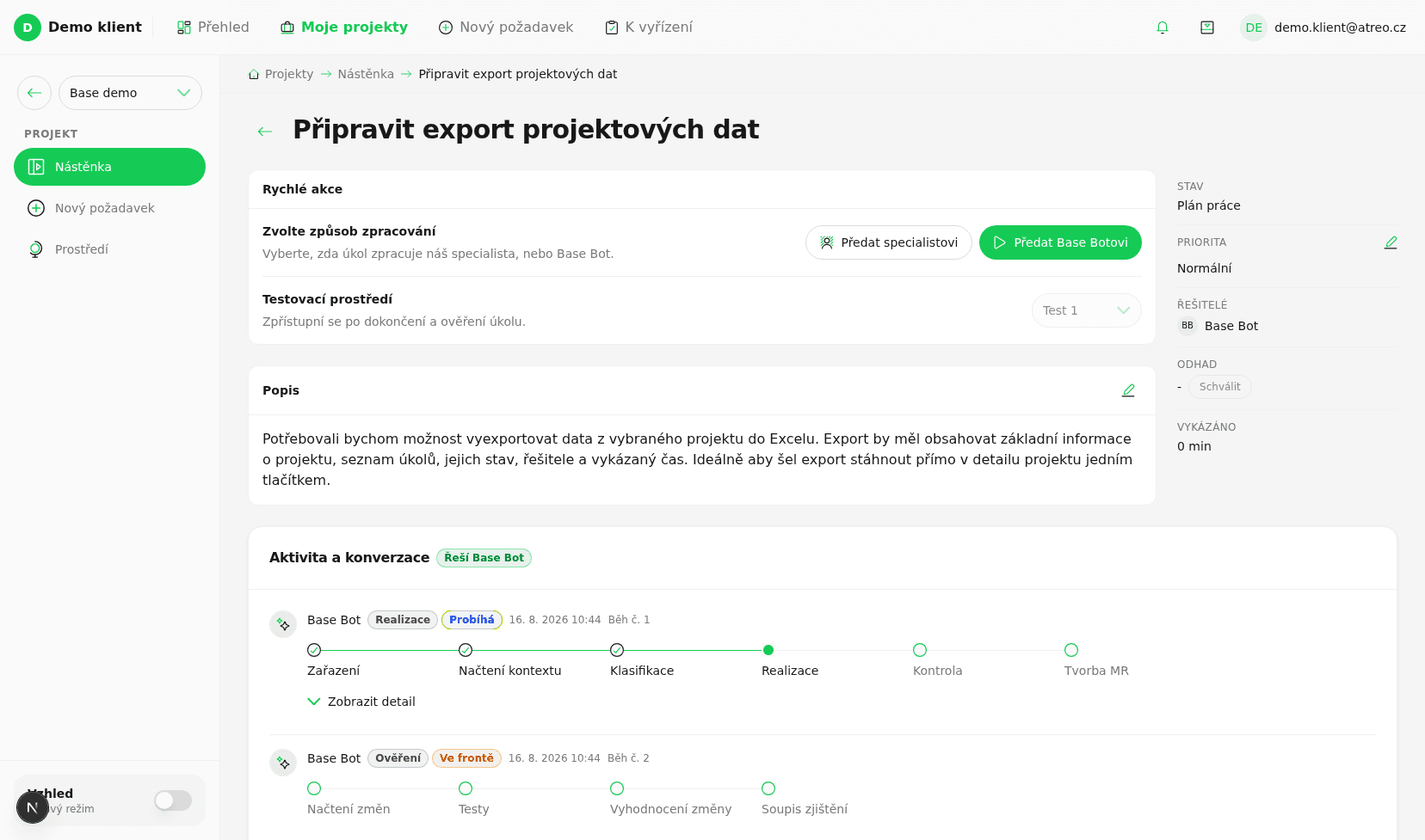 Detail požadavku v aplikaci Base s volbou způsobu zpracování a konverzací