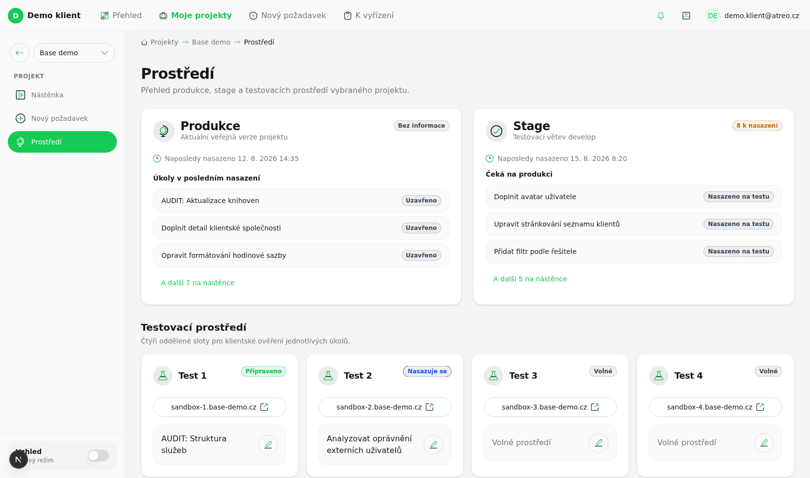 Přehled produkčního, stage a testovacích prostředí projektu v aplikaci Base